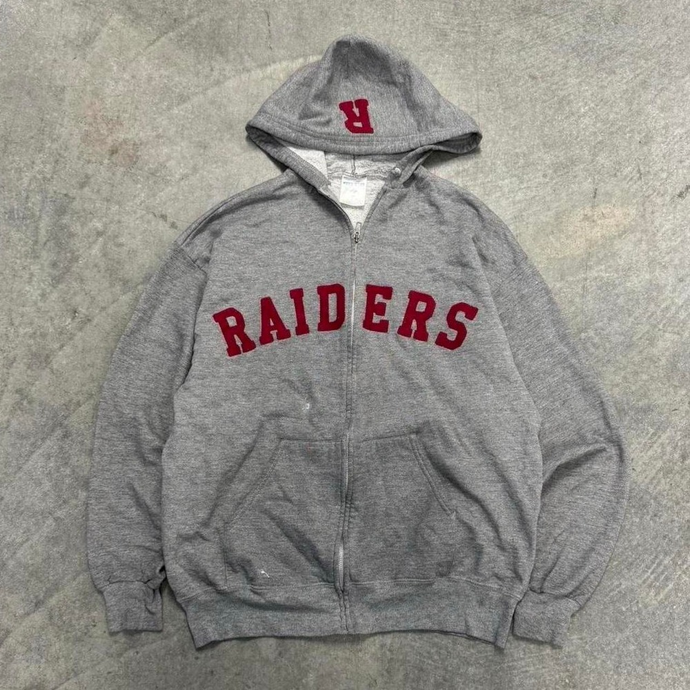 Vintage Men's Raiders Hoodie Zip Up Sweatshirt Spellout Gray Red Retro Large